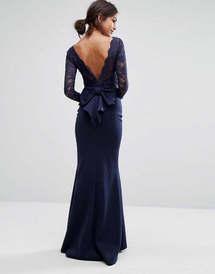 City Goddess Bow Back Maxi Dress With Lace Body - Navy