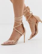 Public Desire Devote Beige Ankle Tie Pointed Heeled Shoes