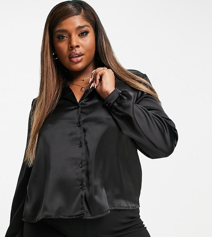 Flounce London Plus Open Collar Satin Shirt In Black