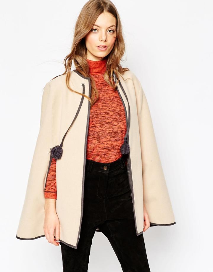 Asos Plain Cape With Eyelet And Tassel Detail - Camel