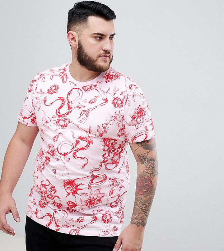 Asos Design Plus T-shirt With All Over Snake Floral Print - Pink