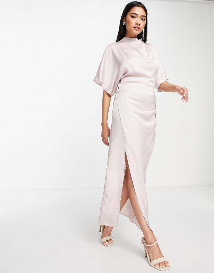 Asos Design High Neck Grown On Sleeve Biased Satin Midi Dress In Oyster-gray
