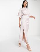 Asos Design High Neck Grown On Sleeve Biased Satin Midi Dress In Oyster-gray
