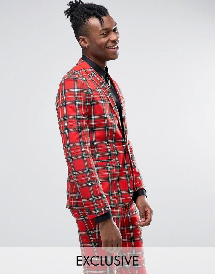 Religion Skinny Suit Jacket In Plaid With Zip Detail - Red