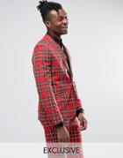 Religion Skinny Suit Jacket In Plaid With Zip Detail - Red
