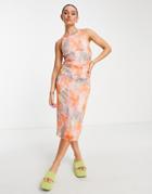 Asos Design Mesh Maxi Dress With Ruched Sides In Blurred Abstract Print-multi
