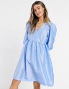 Monki Celia Taffeta Mini Smock Dress In Blue-red