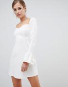 Asos Design Sweetheart Mini Dress With Fluted Sleeve-cream