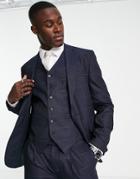 Noak Skinny Premium Fabric Suit Jacket In Navy Windowpane Plaid With Two-way Stretch