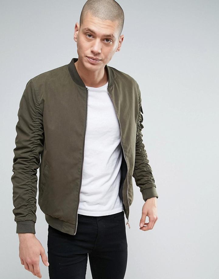 Brave Soul Ruched Sleeve Bomber Jacket - Green
