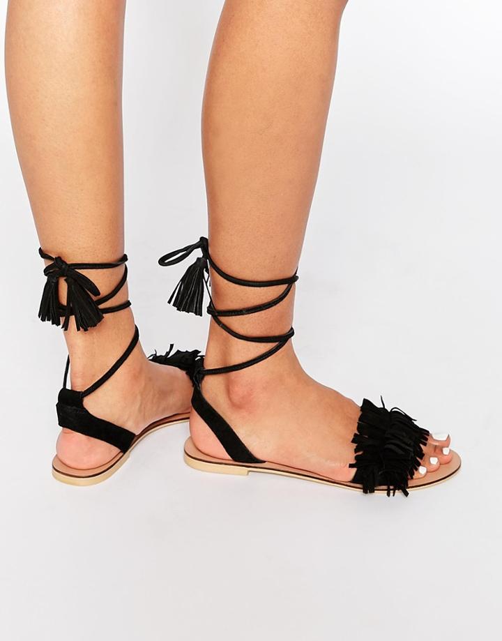 Asos Flashy Suede Tie Leg Fringe Sandals - Black