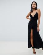 Asos Design Slinky Wrap Drape Maxi Dress - Black
