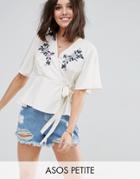 Asos Petite Wrap Tea Blouse With Embroidery - White