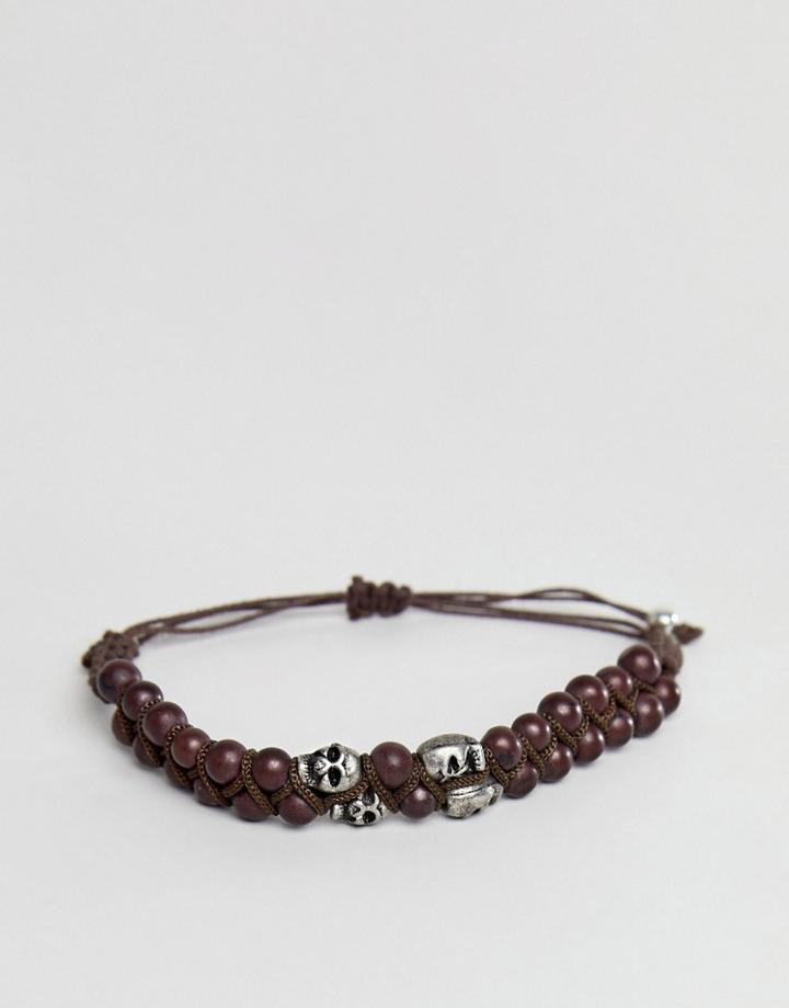 Asos Design Bead Bracelet With Skull In Brown - Brown