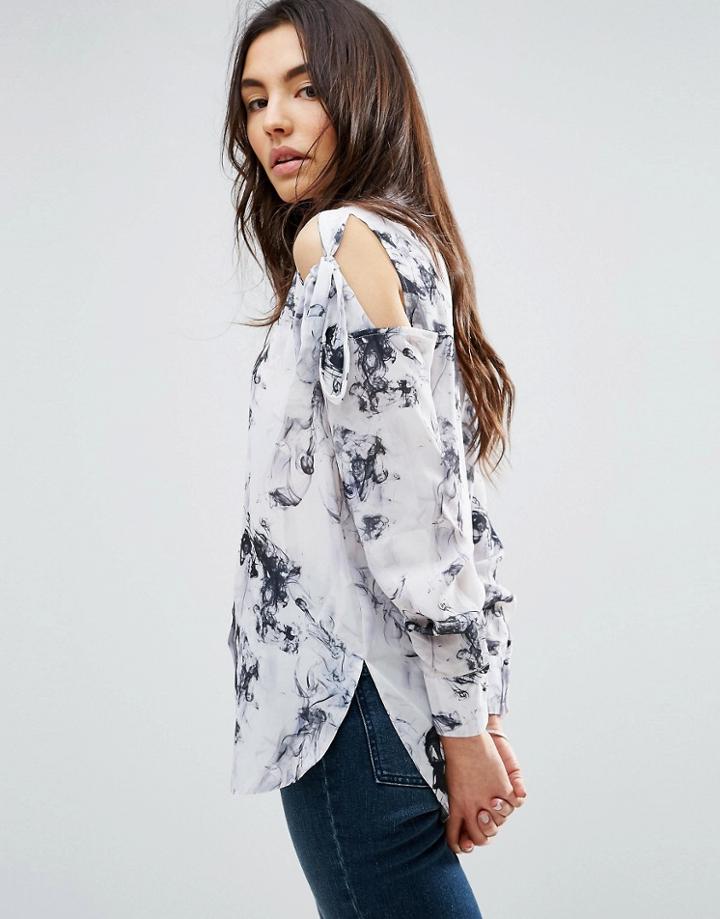 Asos Tie Shoulder Blouse In Marble Print - Multi