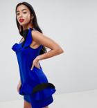 Asos Design Petite Bonded Ruffle Shoulder Dress With Frill Hem - Blue