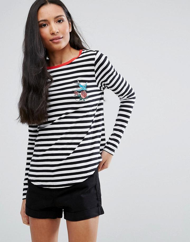 Brave Soul Stripe Bird Emb Top - Black
