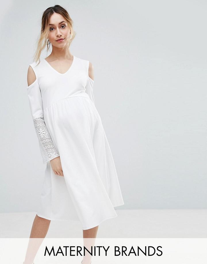 Bluebelle Maternity Cold Shoulder Dress With Lace Sleeve - White