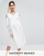 Bluebelle Maternity Cold Shoulder Dress With Lace Sleeve - White