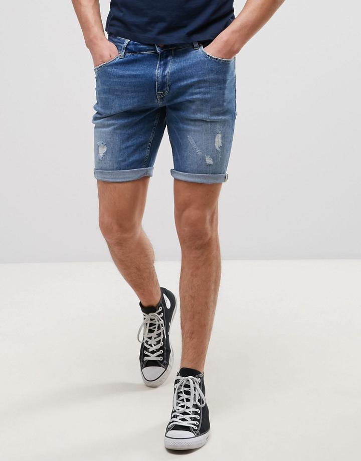 Asos Denim Shorts In Skinny With Rip And Repair Mid Blue - Blue