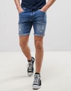Asos Denim Shorts In Skinny With Rip And Repair Mid Blue - Blue