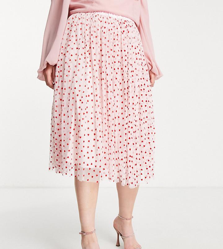Lace & Beads Plus Exclusive Tulle Midi Skirt In Blush Micro Heart Print-pink