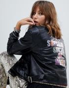 Native Rose Faux Leather Biker Jacket With Rainbow Sunshine Slogan - Black