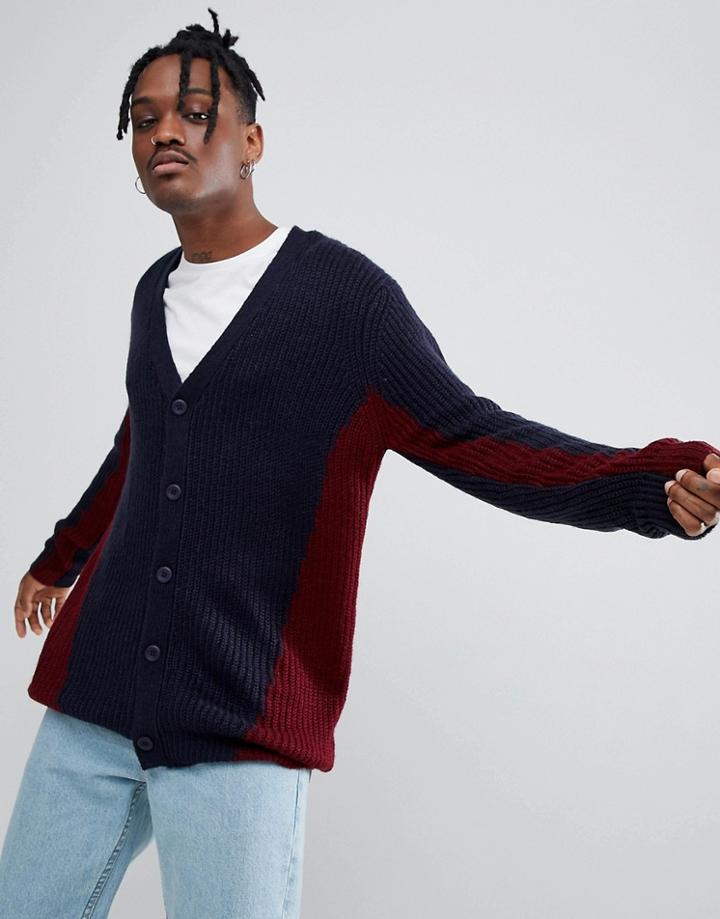 Asos Knitted Cardigan With Color Block Design In Navy - Gray