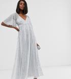 Asos Design Maternity Flutter Sleeve Maxi Dress In Mesh With Embellished Sequin Godet Panels-silver