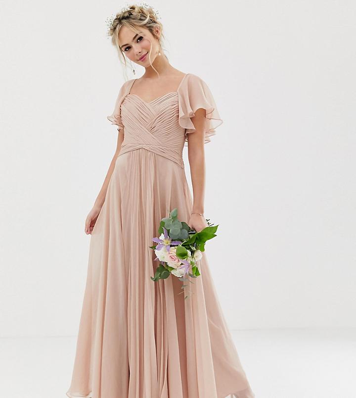 Asos Design Bridesmaid Pleated Bodice Maxi Dress With Flutter Sleeve - Pink