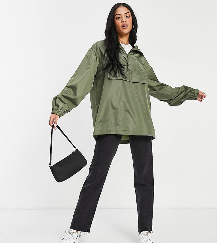 Asos Design Tall Overhead Recycled Rain Jacket In Khaki-green