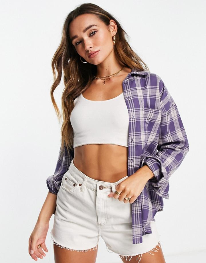 Asos Design Boyfriend Shirt With Dip Hem And Pocket In Blue Check-multi