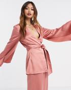Asos Design Soft Satin 3 Piece Suit Blazer-pink