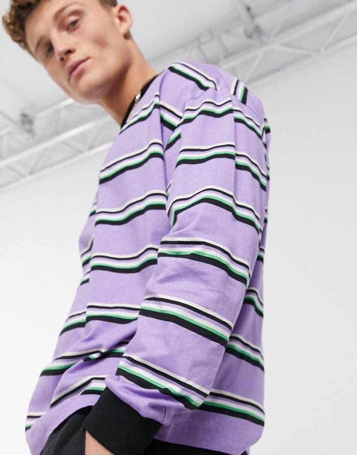 Asos Design Oversized Horizontal Long Sleeve Washed Stripe T-shirt-multi