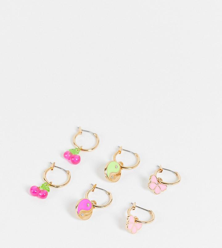 Reclaimed Vintage Inspired Earrings With Fun Cherry Charms In Gold 3 Pack