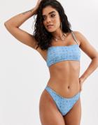 Asos Design Recycled Square Neck Skinny Crop Bikini Top In Denim Look Geo Print