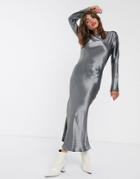 Weekday Long Sleeve Satin Maxi Dress In Dark Gray-black