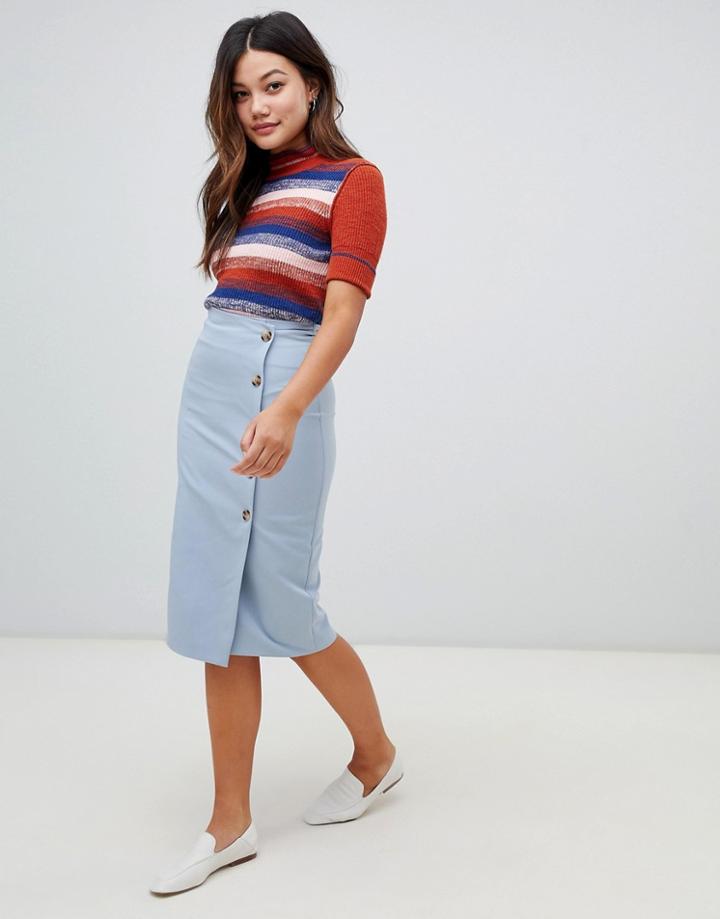 Miss Selfridge Pencil Skirt With Button Detail In Blue - Blue