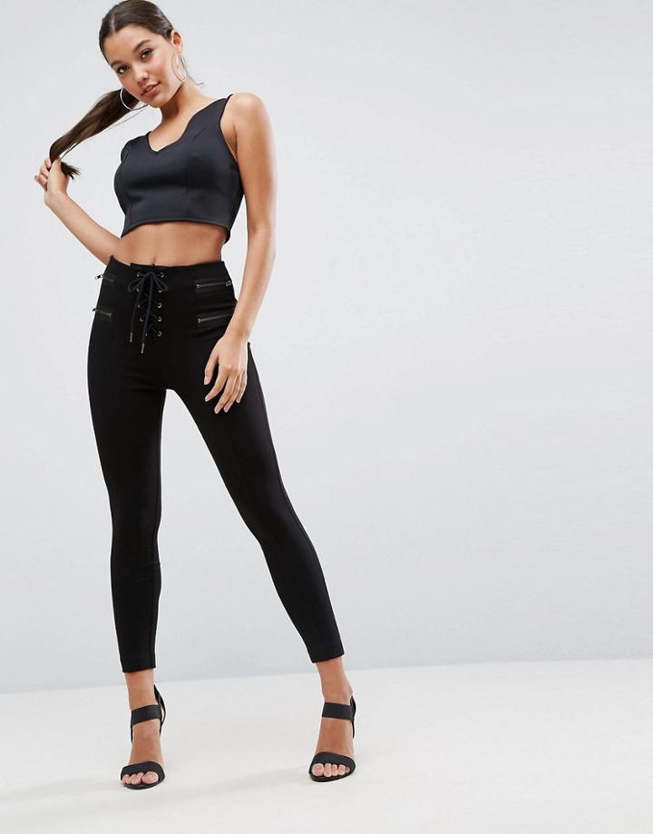 Asos Tailored Skinny Pants In Ponte With Zip And Lace Up Detail - Black