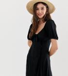 Asos Design Tall Knot Front Button Through Sundress With Puff Sleeve - Black