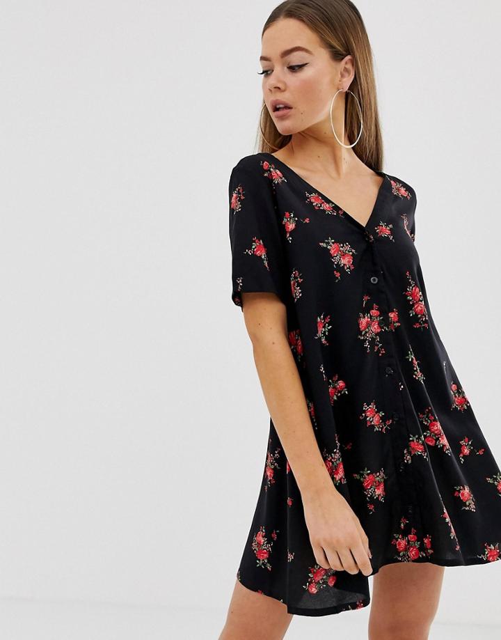 Motel Button Front Tea Dress In Floral-black