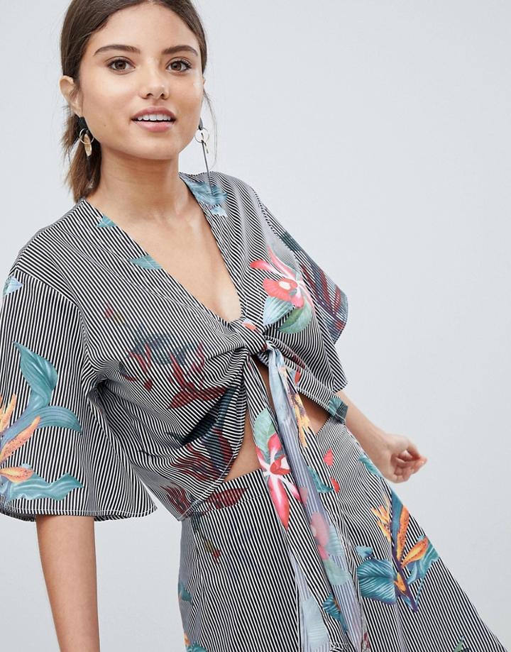 Prettylittlething Striped Tie Front Blouse - Multi