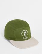 Asos Design 5 Panel Cap With Text In Green And Ecru