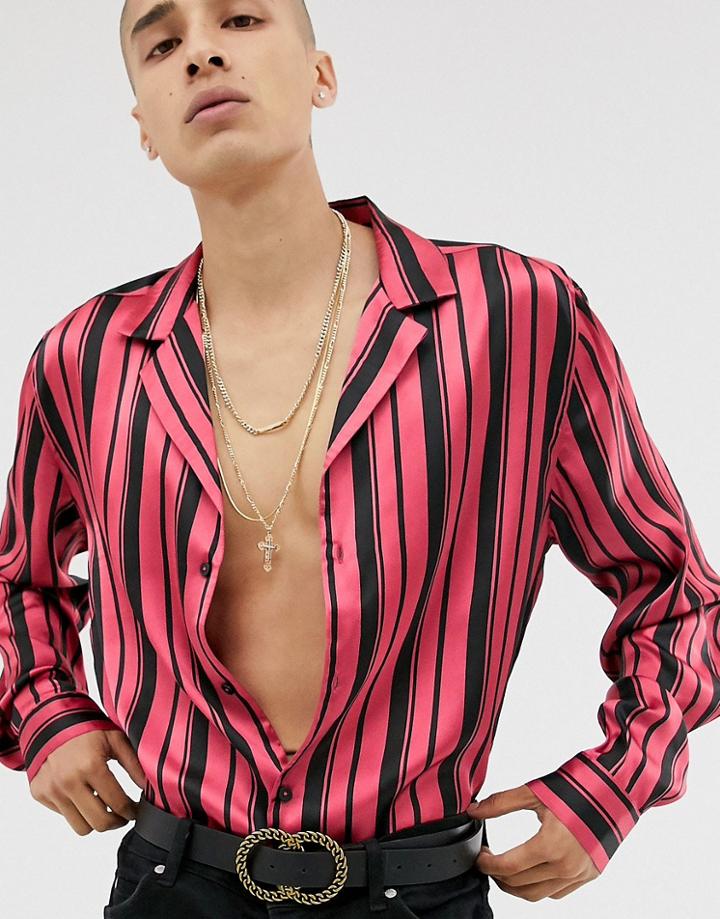 Asos Design Regular Fit Stripe Shirt In Red And Black