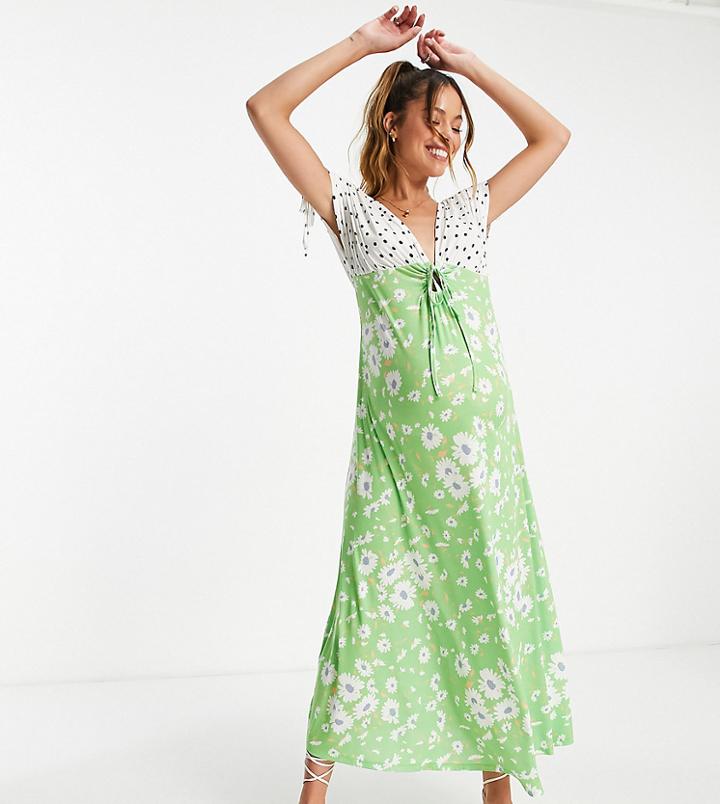 Asos Design Maternity Short Sleeve Tie Detail Midi Tea Dress In Mix Match Floral And Spot-multi