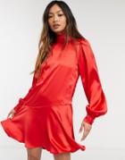 River Island High Neck Frill Hem Mini Dress In Red