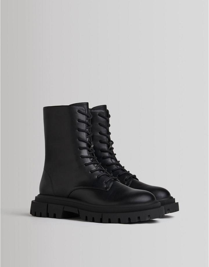 Bershka Lace Up Ankle Boot In Black