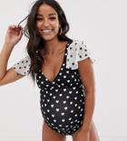 Asos Design Maternity Flutter Sleeve Wrap Swimsuit In Contrast Heart Print - Multi