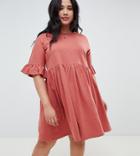 Asos Design Curve Cotton Slubby Frill Sleeve Smock Dress - Red