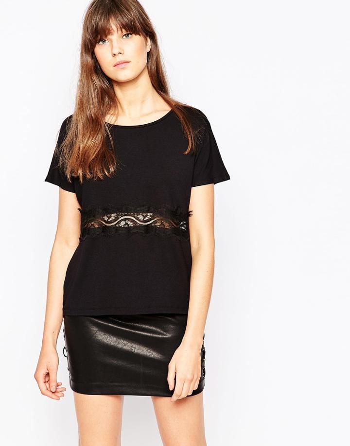 Vero Moda Short Sleeve Top With Lace Panel - Black
